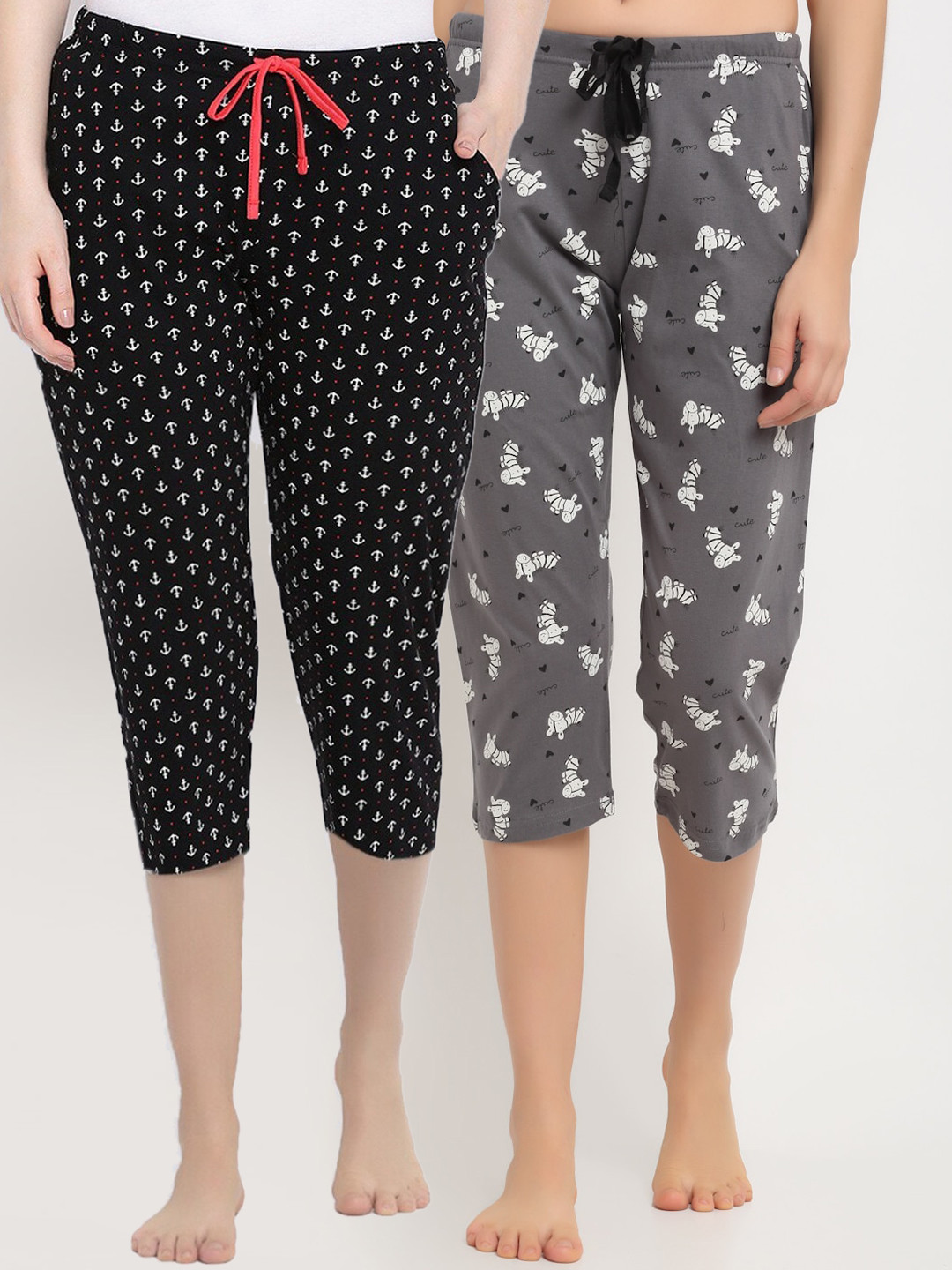

Kanvin Women Grey & Black Pack Of 2 Printed Pure Cotton Three-Fourth Lounge Capris
