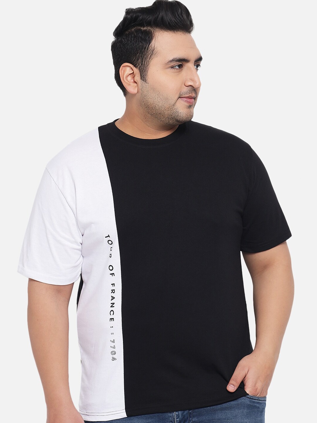 

KAY DEE Plus Size Men Black & White Colourblocked Cotton T-shirt