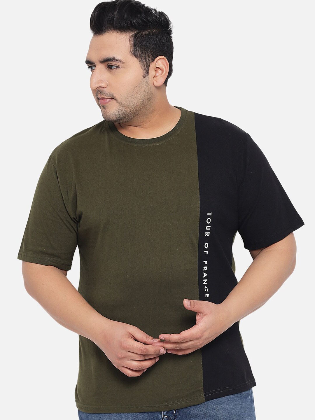 

KAY DEE Men Plus Size Olive Green & Black Colourblocked Pure Cotton T-shirt