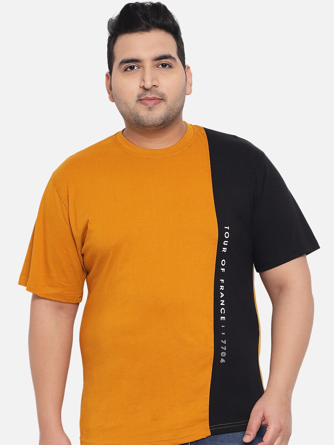 

KAY DEE Men Plus Size Mustard Yellow & Black Colourblocked Pure Cotton T-shirt