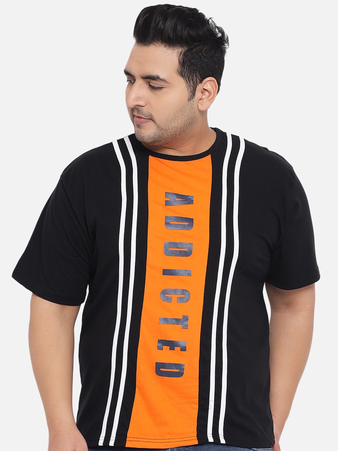 

KAY DEE Men Plus Size Black & Orange Typography Striped T-shirt