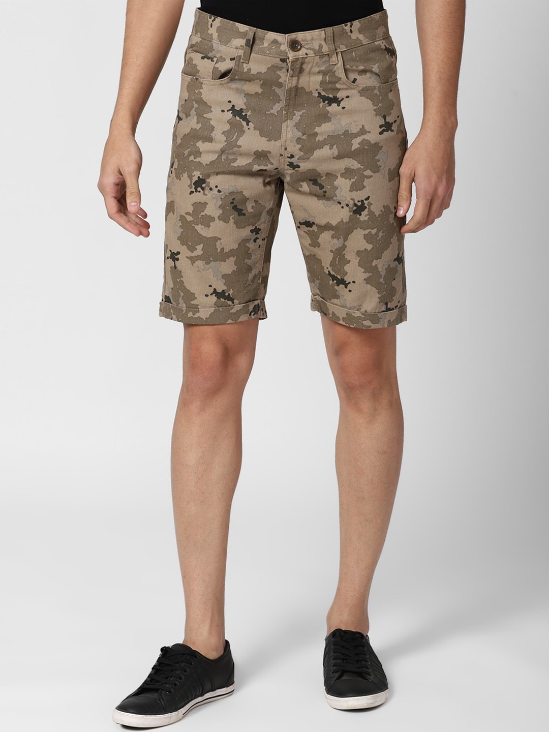 

Peter England Casuals Men Brown Camouflage Printed Cotton Denim Shorts