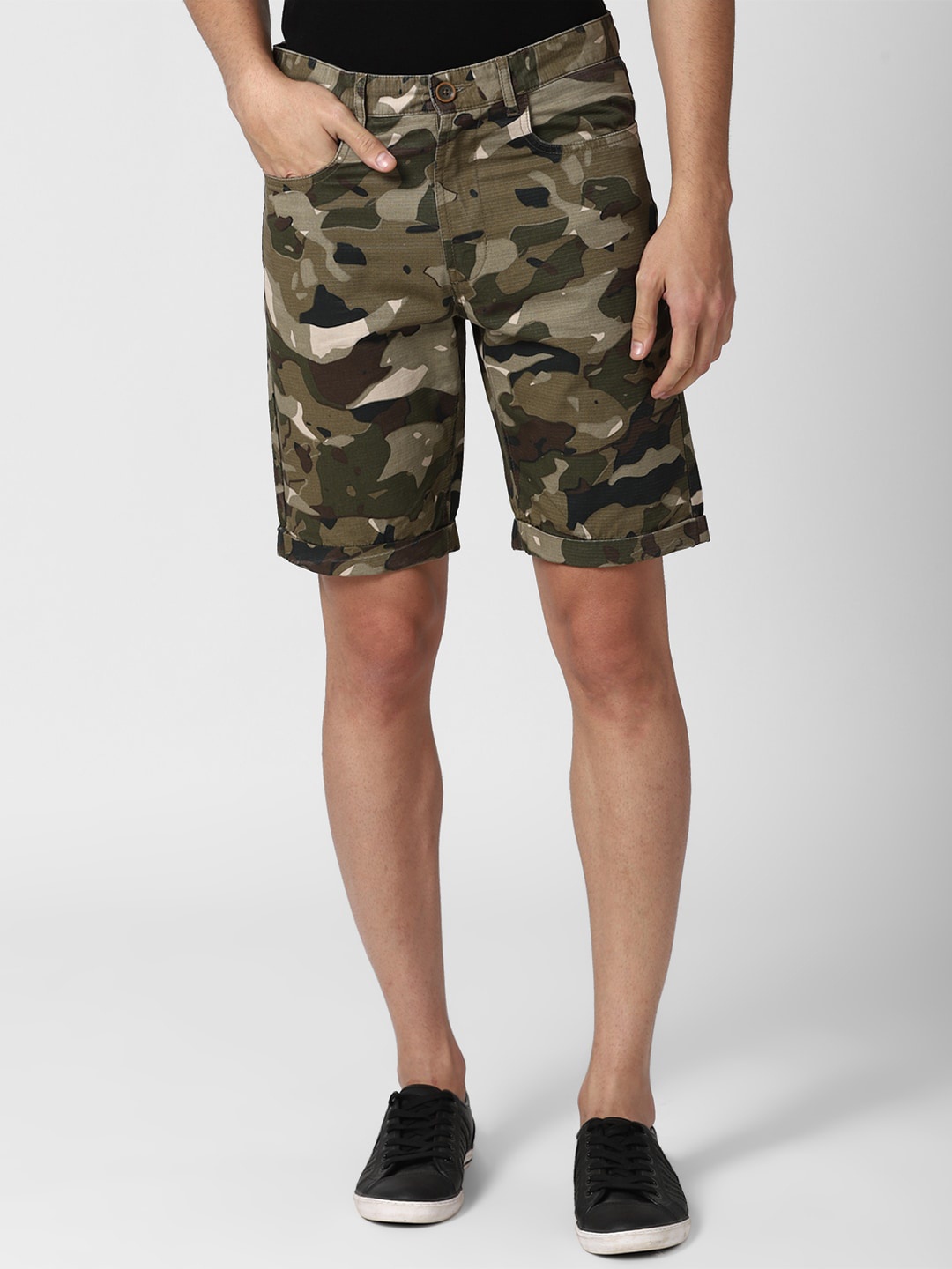 

Peter England Casuals Men Olive Green Camouflage Printed Shorts