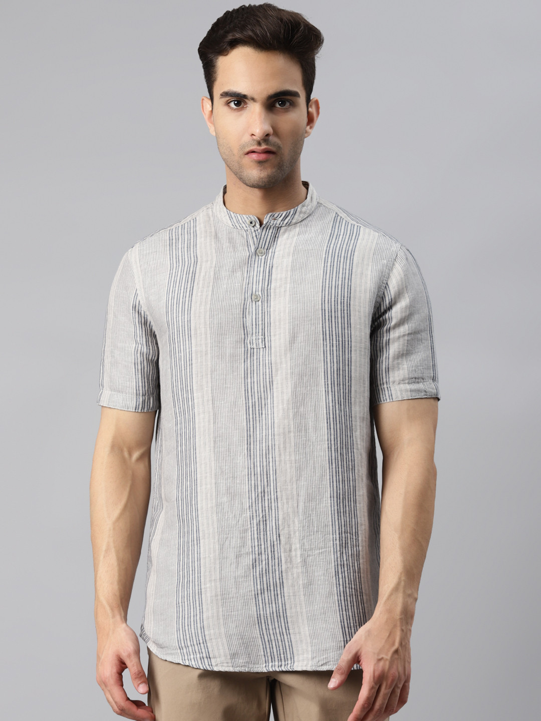 

Marks & Spencer Men White Striped Linen Cotton Casual Shirt