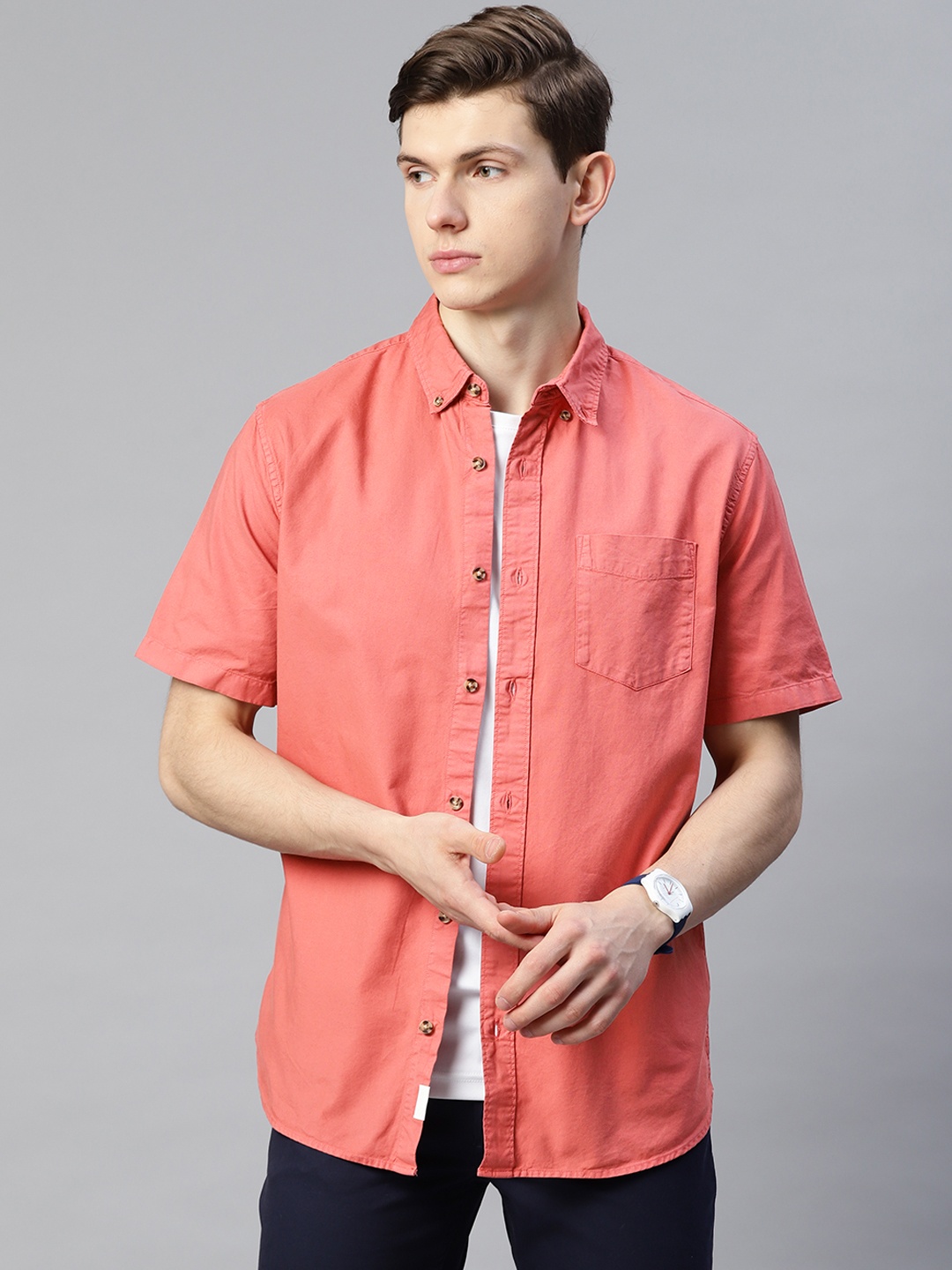 

Marks & Spencer Men Coral Solid Pure Cotton Casual Shirt
