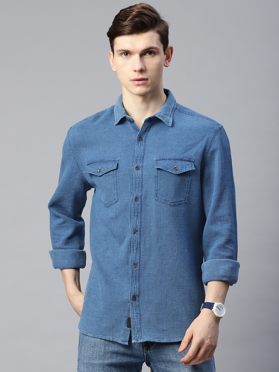 

Marks & Spencer Men Blue Textured Pure Cotton Casual Shirt
