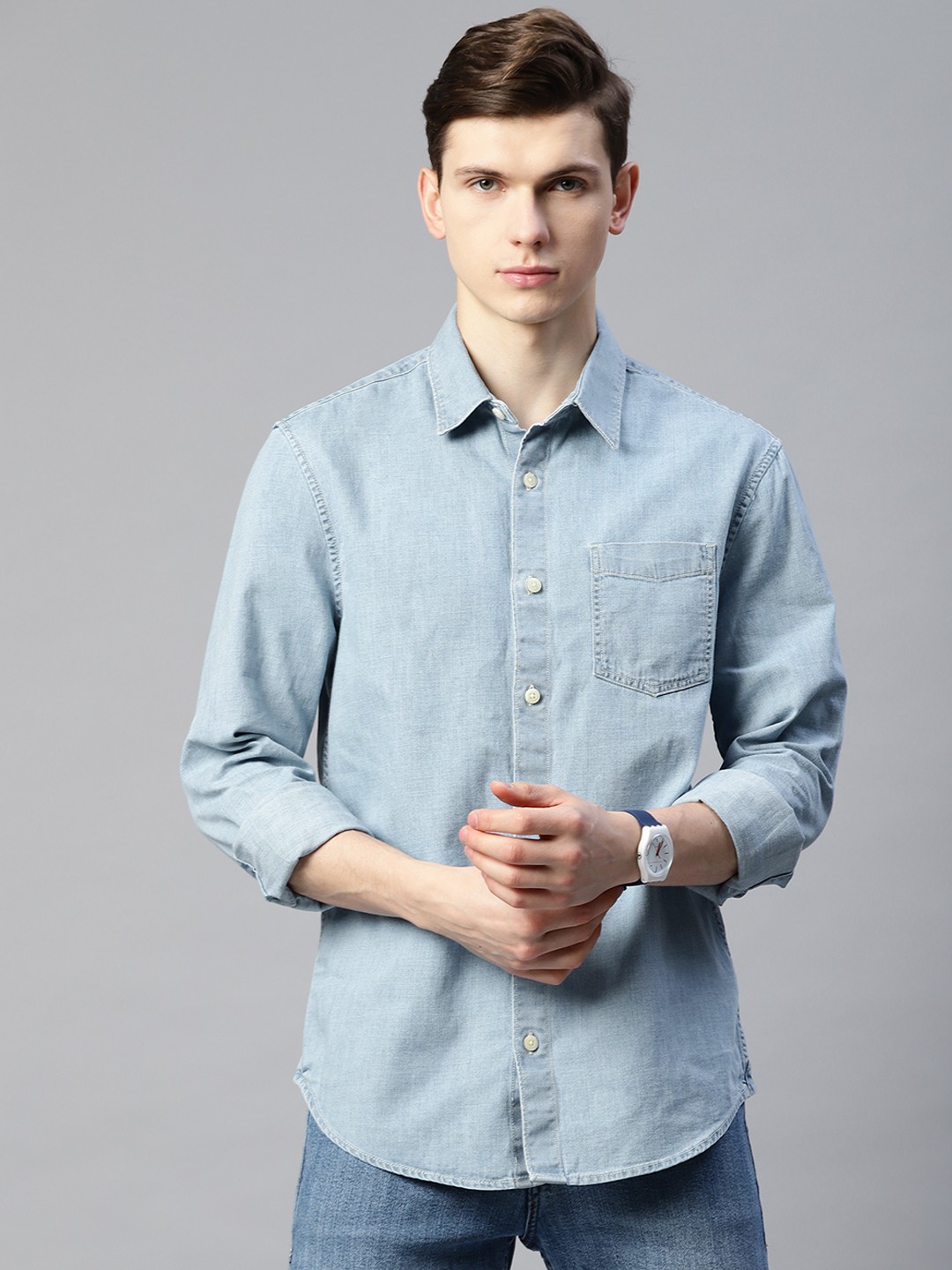 

Marks & Spencer Men Blue Solid Pure Cotton Casual Shirt