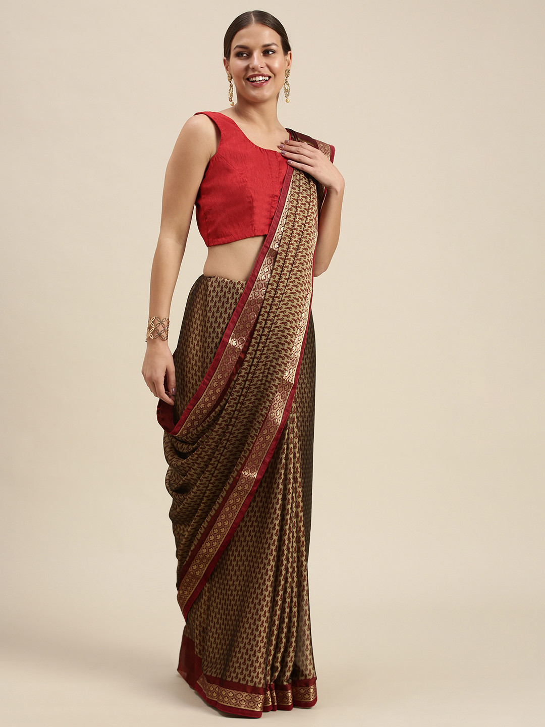 

SANGAM PRINTS Maroon & Beige Ethnic Motifs Crepe Saree