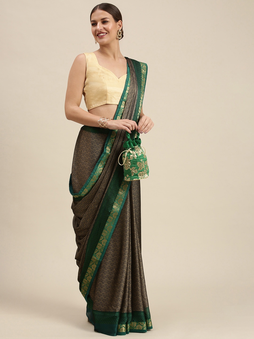 

SANGAM PRINTS Green & Black Ethnic Motifs Crepe Saree