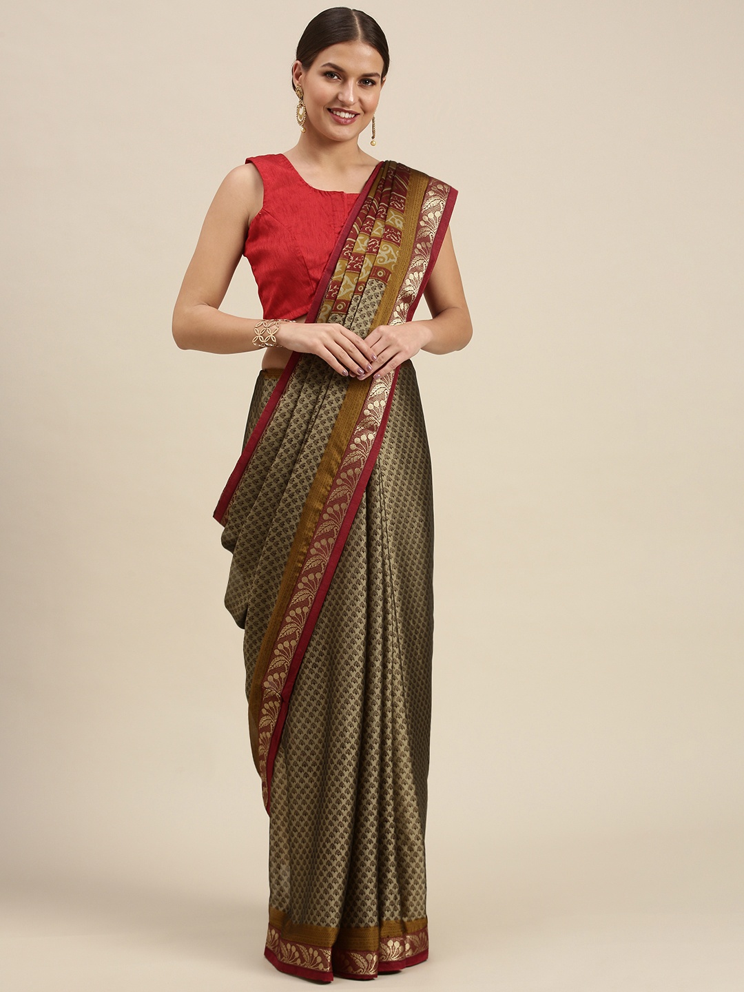 

SANGAM PRINTS Beige & Maroon Ethnic Motifs Crepe Saree