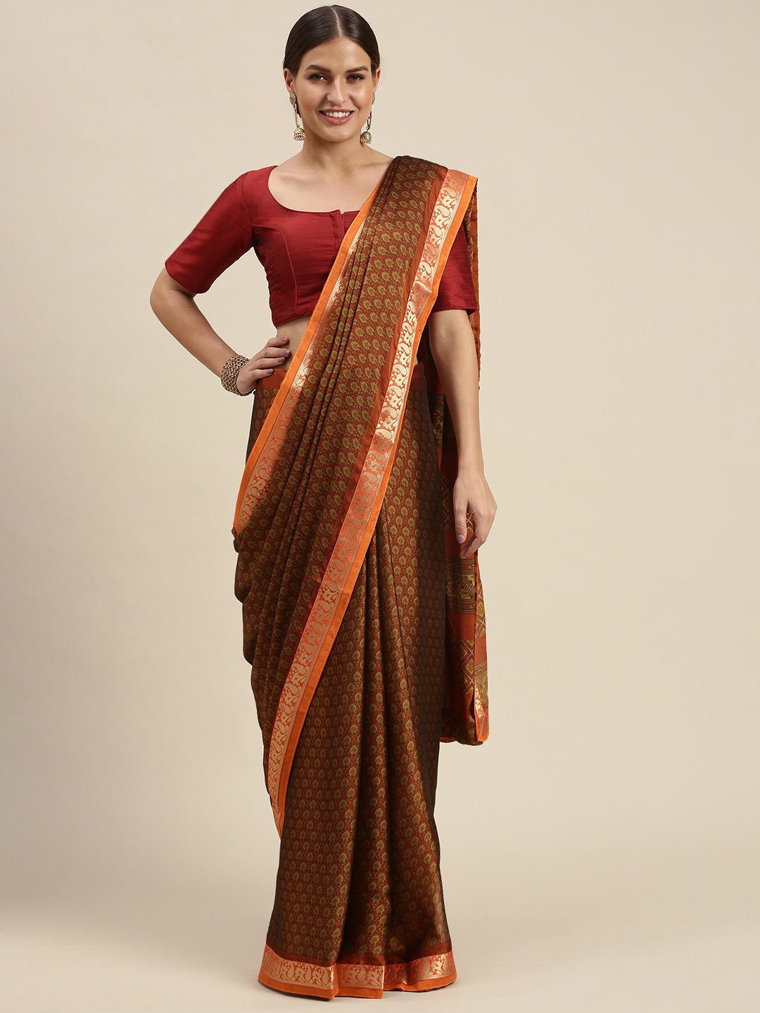 

SANGAM PRINTS Brown & Orange Ethnic Motifs Crepe Saree