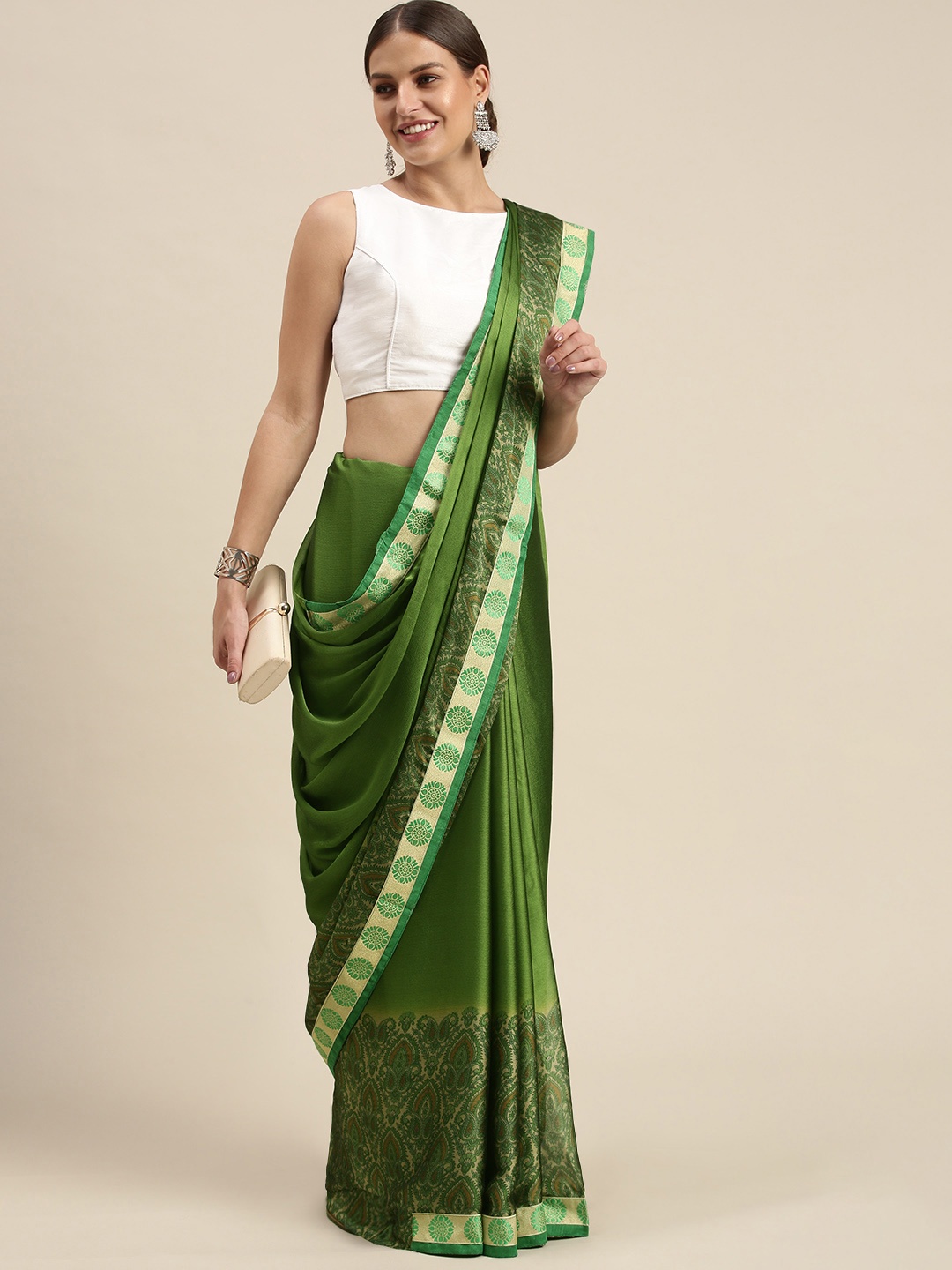 

SANGAM PRINTS Green Ethnic Motifs Silk Blend Saree