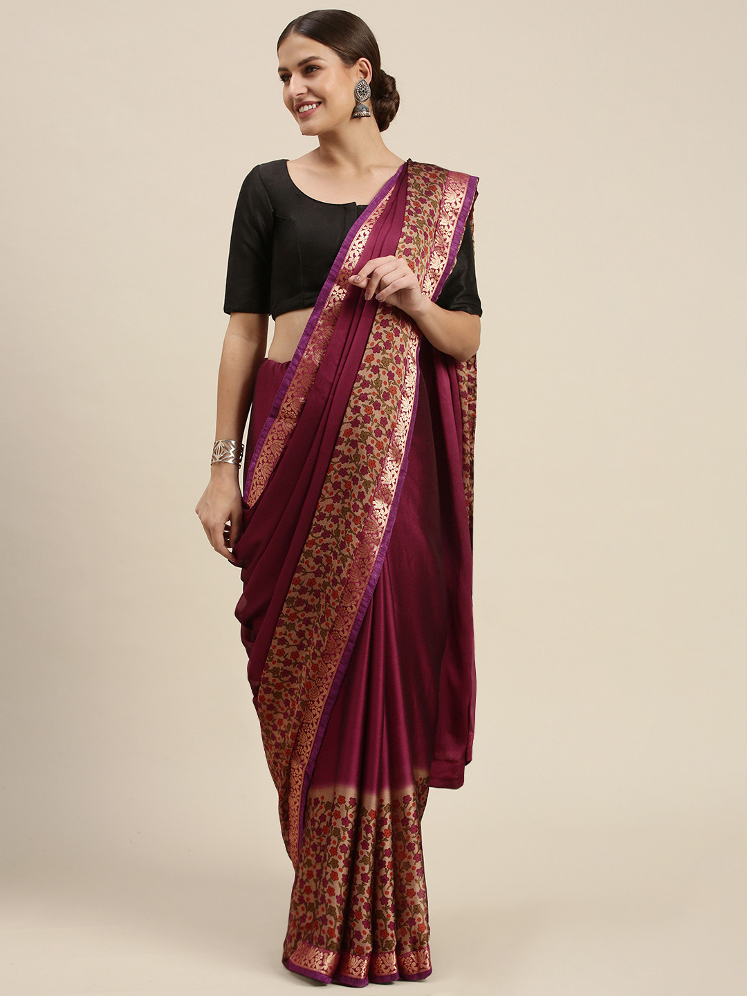 

SANGAM PRINTS Maroon & Purple Ethnic Motifs Silk Blend Saree