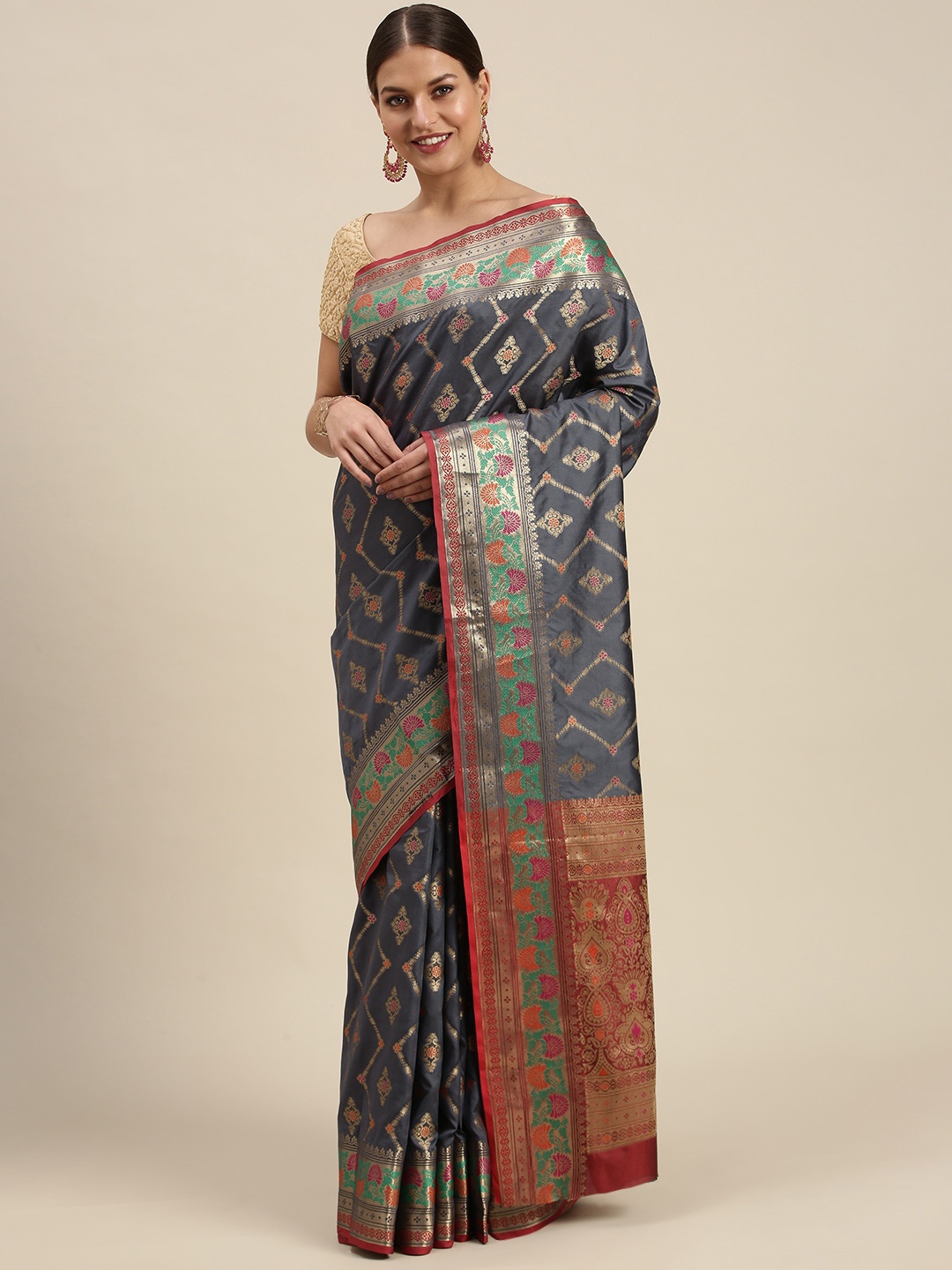 

SANGAM PRINTS Grey & Golden Woven Design Silk Blend Saree