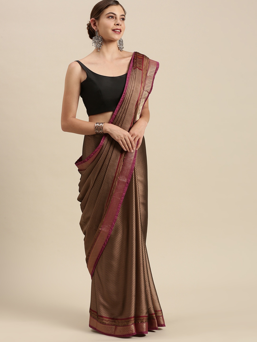 

SANGAM PRINTS Beige & Purple Ethnic Motifs Crepe Saree