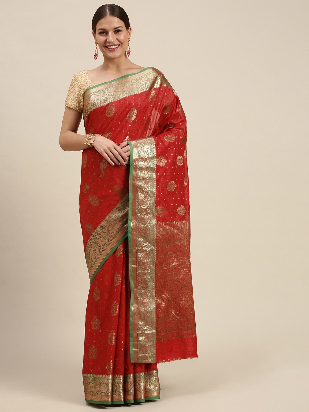 

SANGAM PRINTS Red & Golden Woven Design Silk Blend Saree