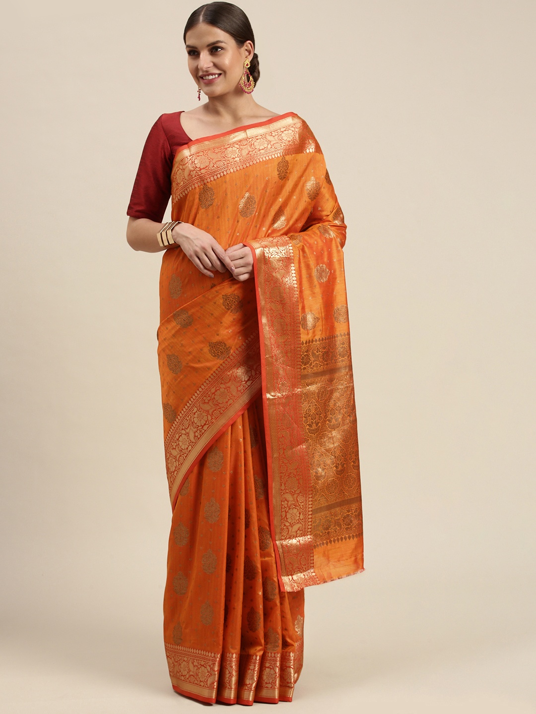 

SANGAM PRINTS Orange & Gold-Toned Ethnic Motifs Zari Silk Blend Saree