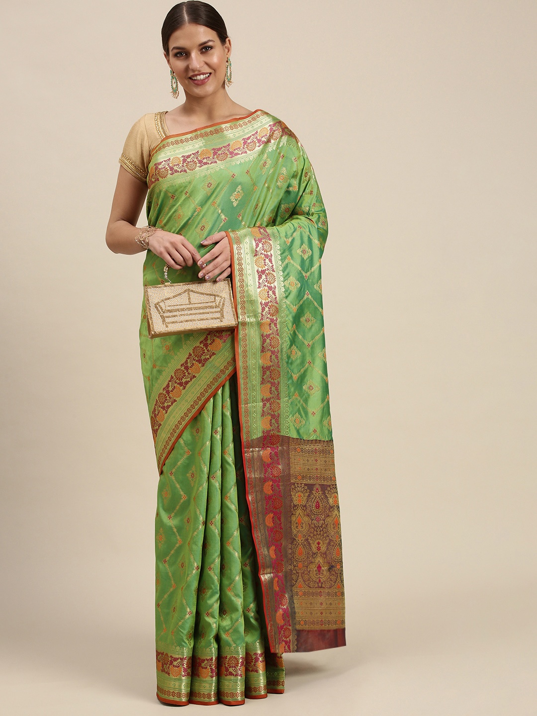 

SANGAM PRINTS Green & Pink Woven Design Silk Blend Saree