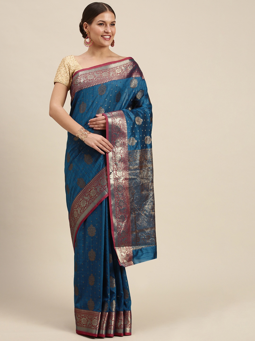 

SANGAM PRINTS Blue & Golden Woven Design Silk Blend Saree
