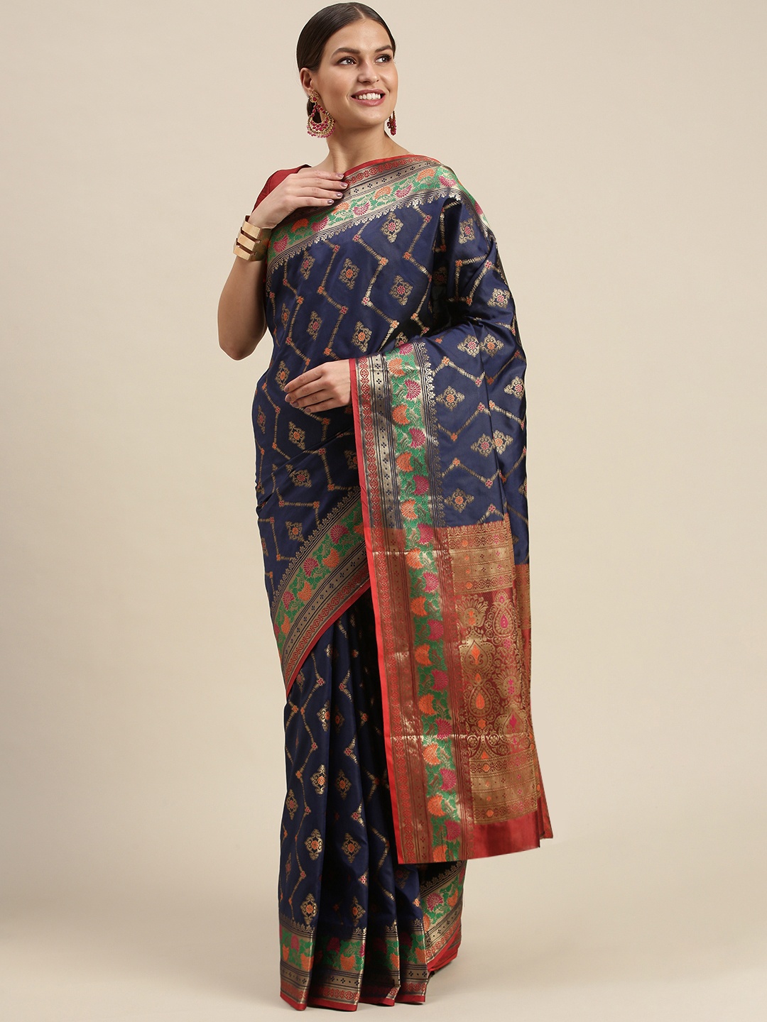 

SANGAM PRINTS Navy Blue & Maroon Ethnic Motifs Zari Silk Blend Saree