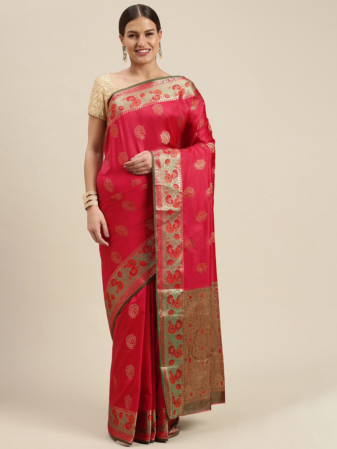 

SANGAM PRINTS Red & Golden Woven Design Silk Blend Saree