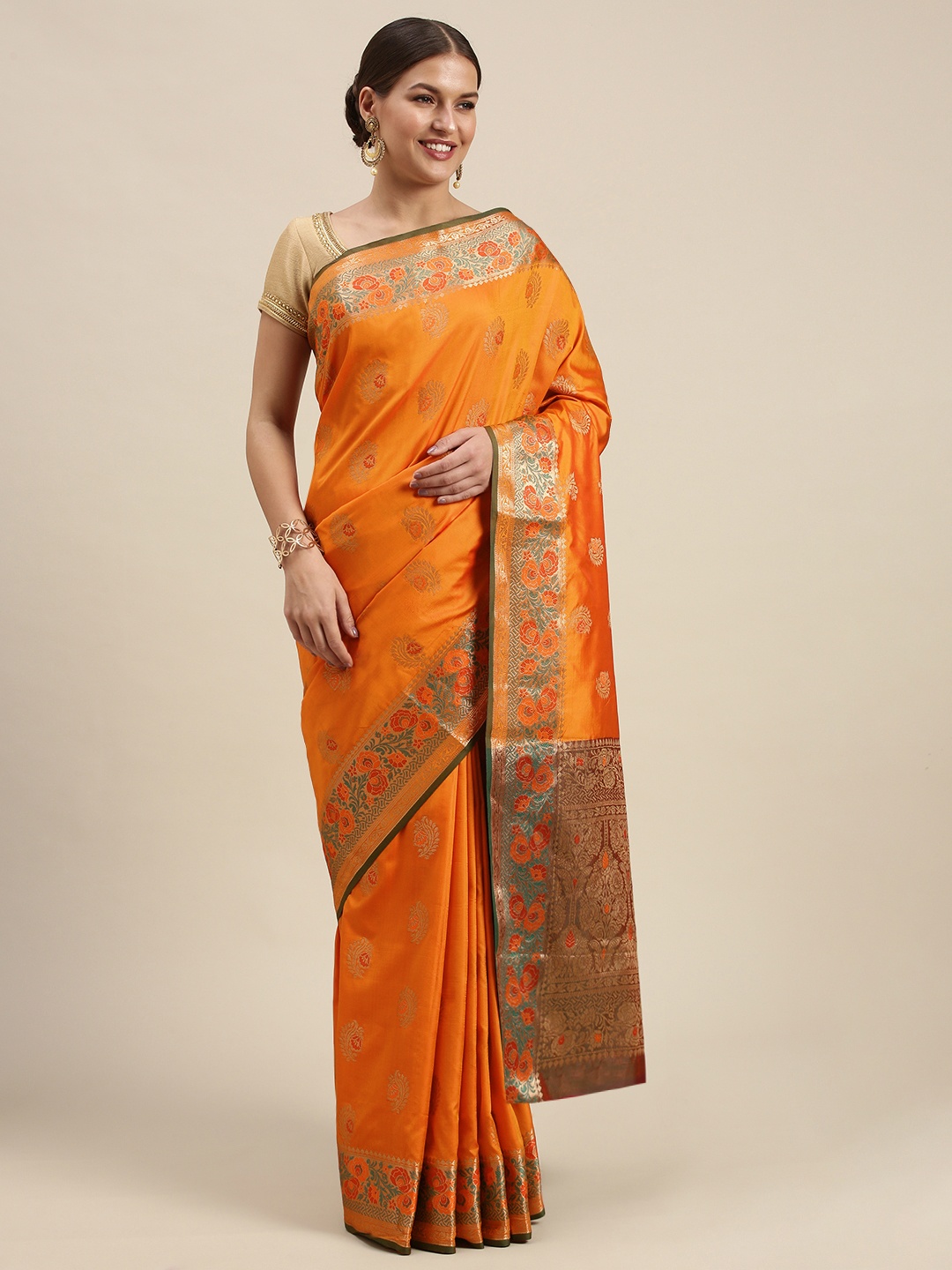 

SANGAM PRINTS Orange & Green Woven Design Silk Blend Saree