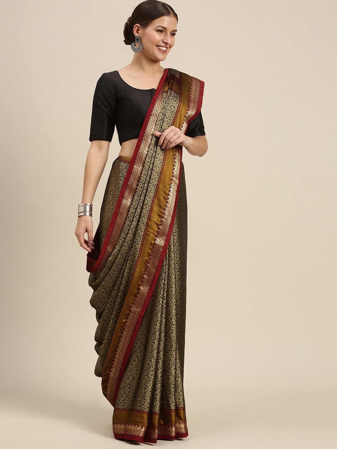 

SANGAM PRINTS Black & Maroon Ethnic Motifs Crepe Saree