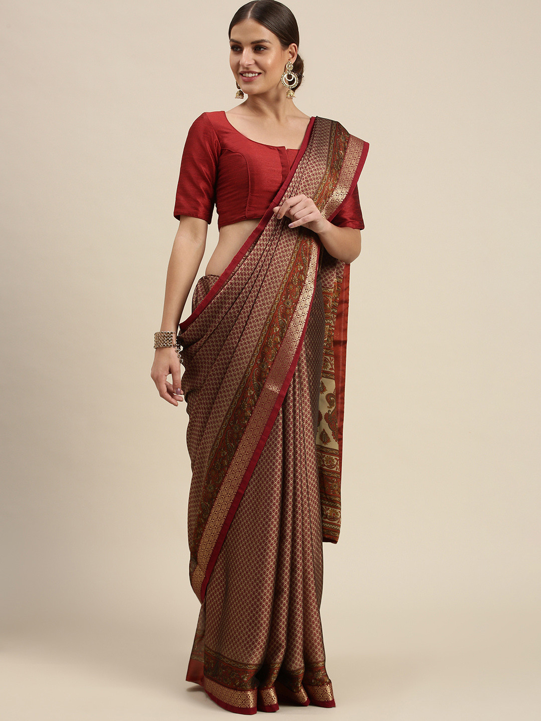 

SANGAM PRINTS Red & Beige Ethnic Motifs Pure Crepe Saree