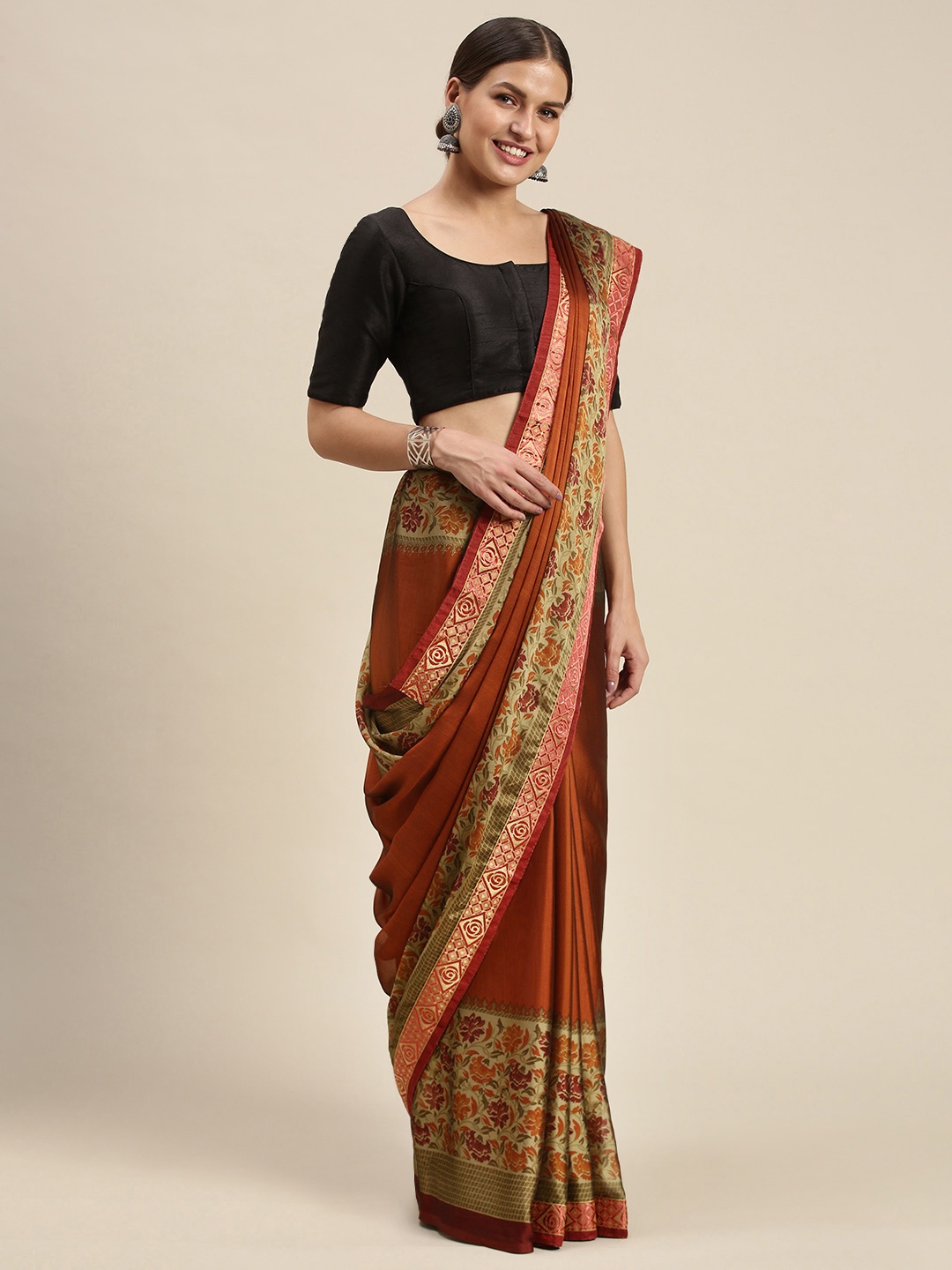 

SANGAM PRINTS Maroon & Orange Ethnic Motifs Silk Blend Saree