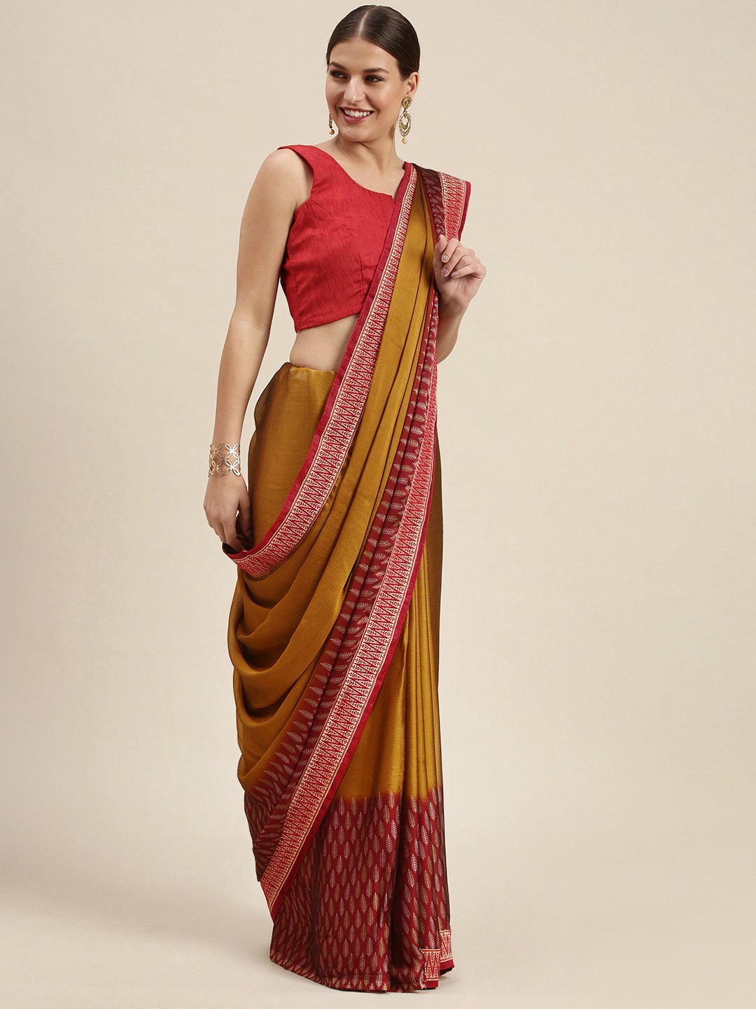 

SANGAM PRINTS Mustard Yellow & Maroon Ethnic Motifs Silk Blend Saree