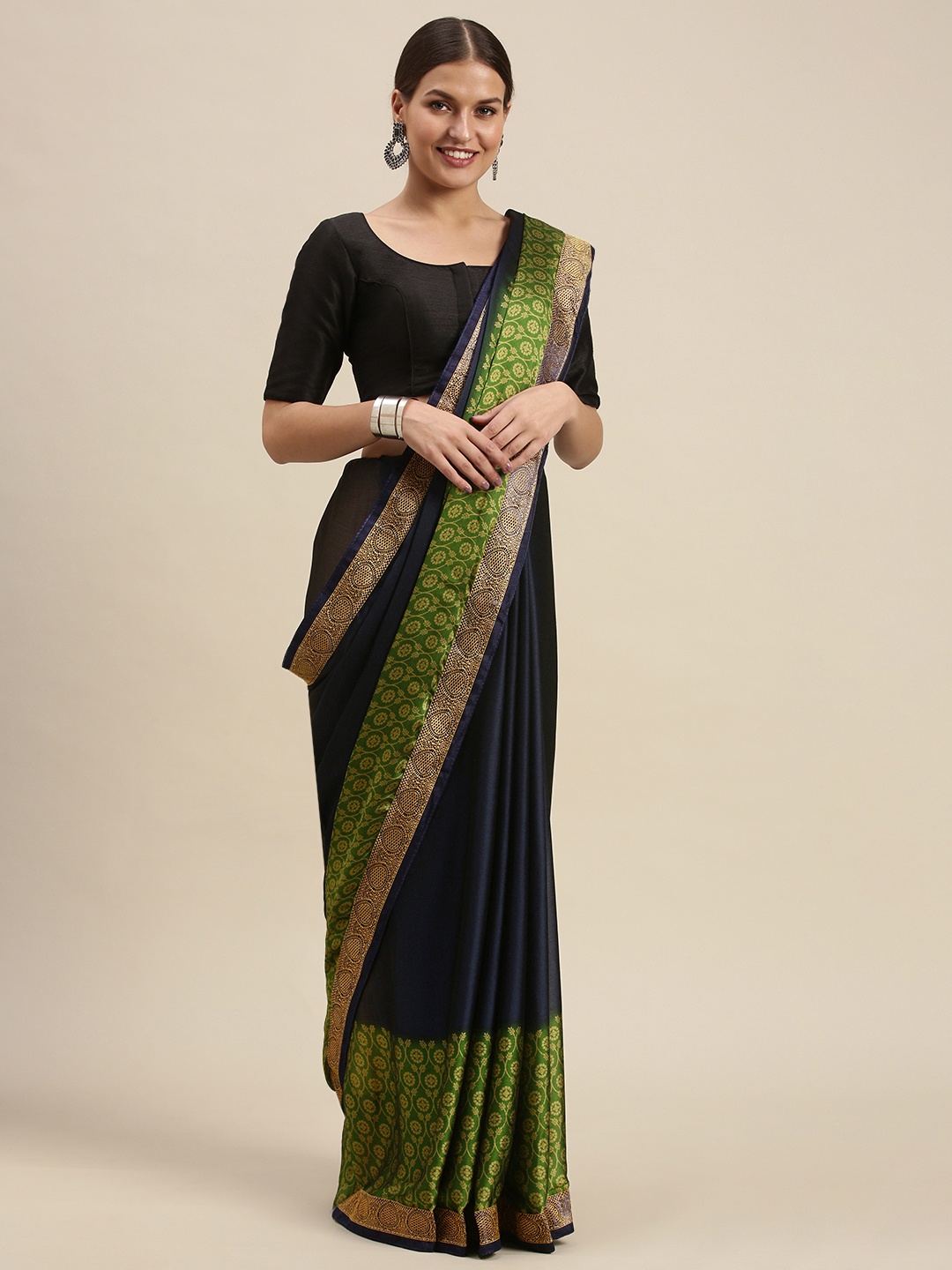 

SANGAM PRINTS Navy Blue & Green Ethnic Motifs Silk Blend Saree