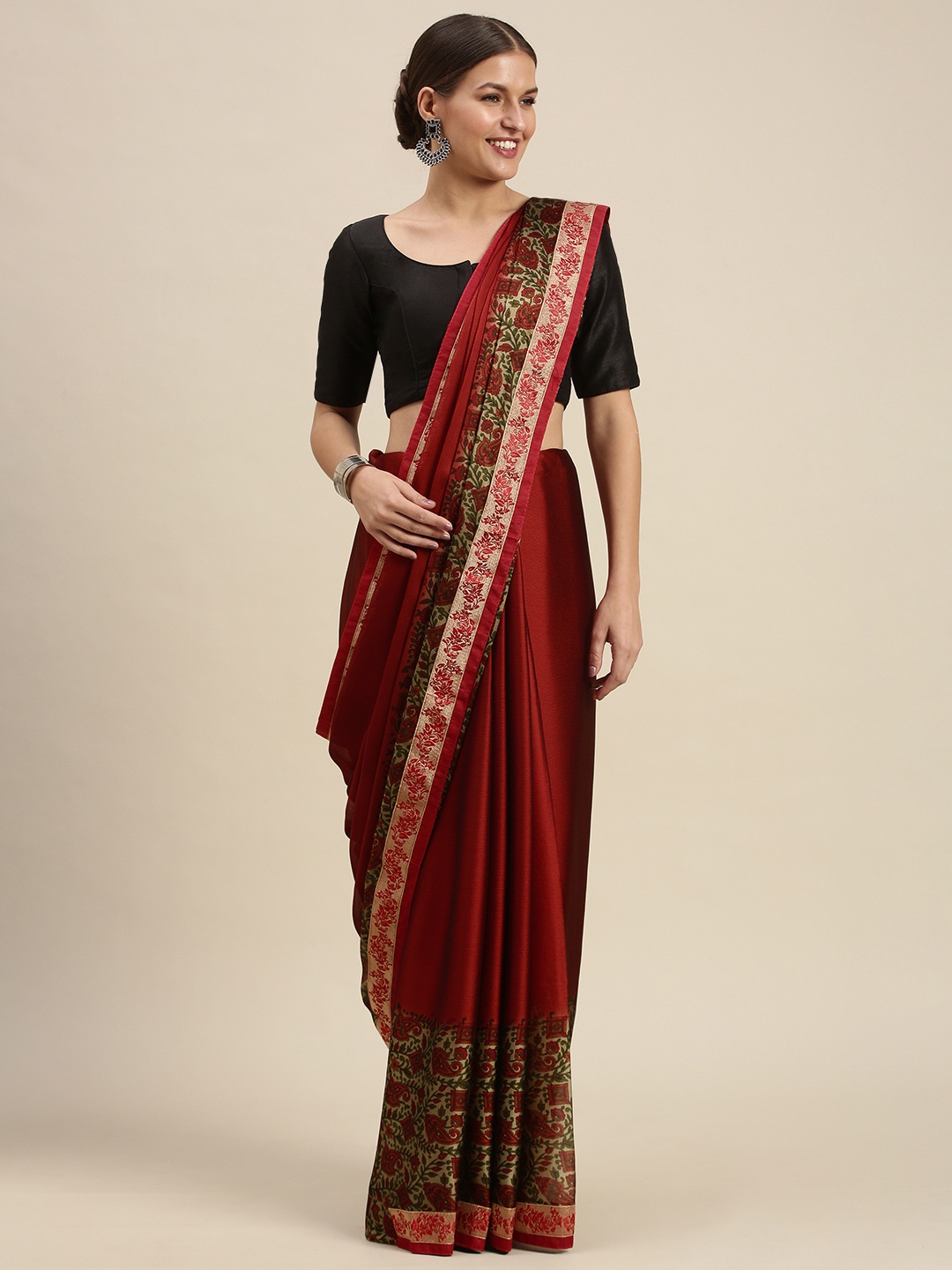 

SANGAM PRINTS Red & Beige Ethnic Motifs Silk Blend Saree