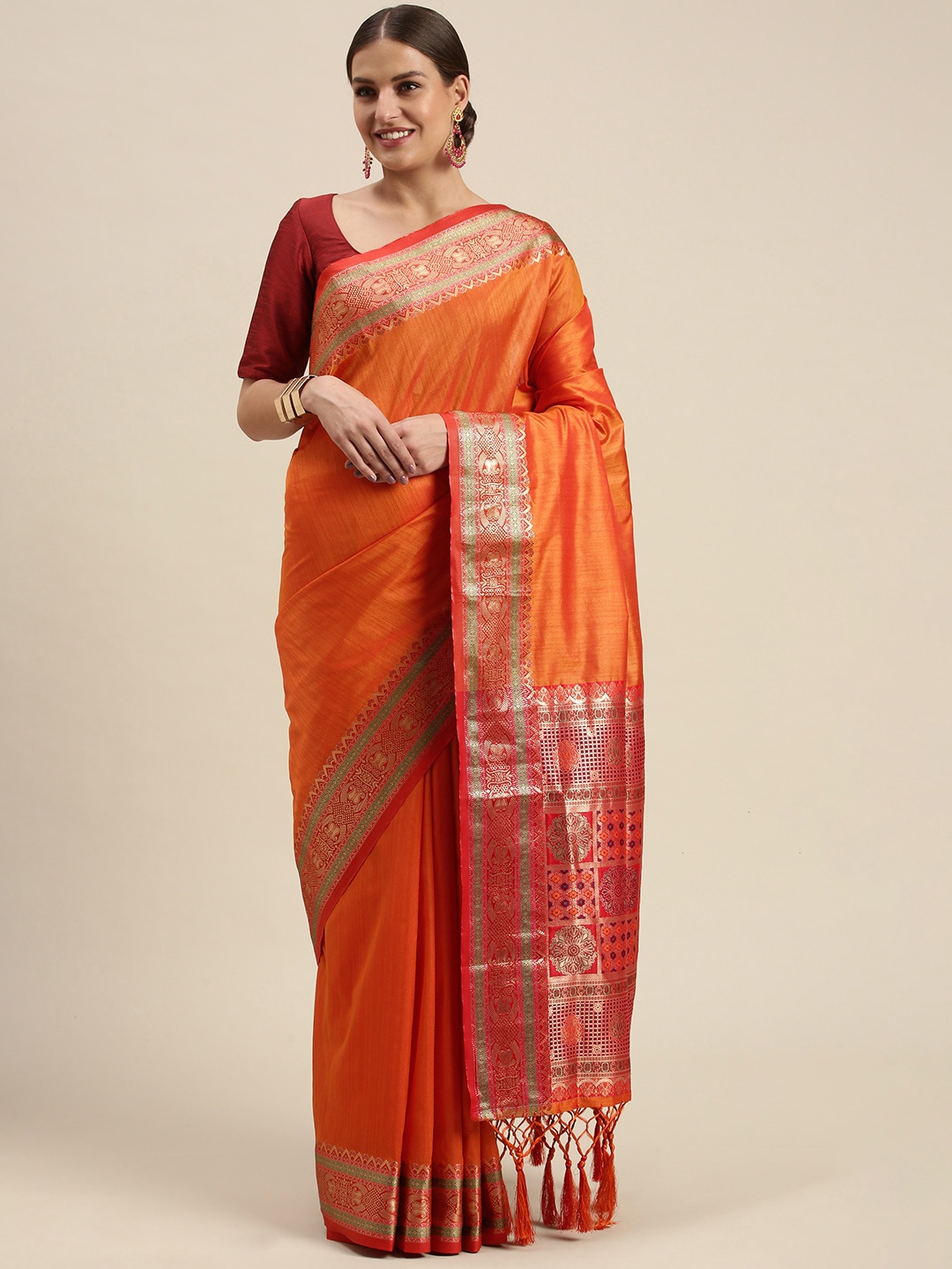 

SANGAM PRINTS Orange & Red Woven Design Silk Blend Saree