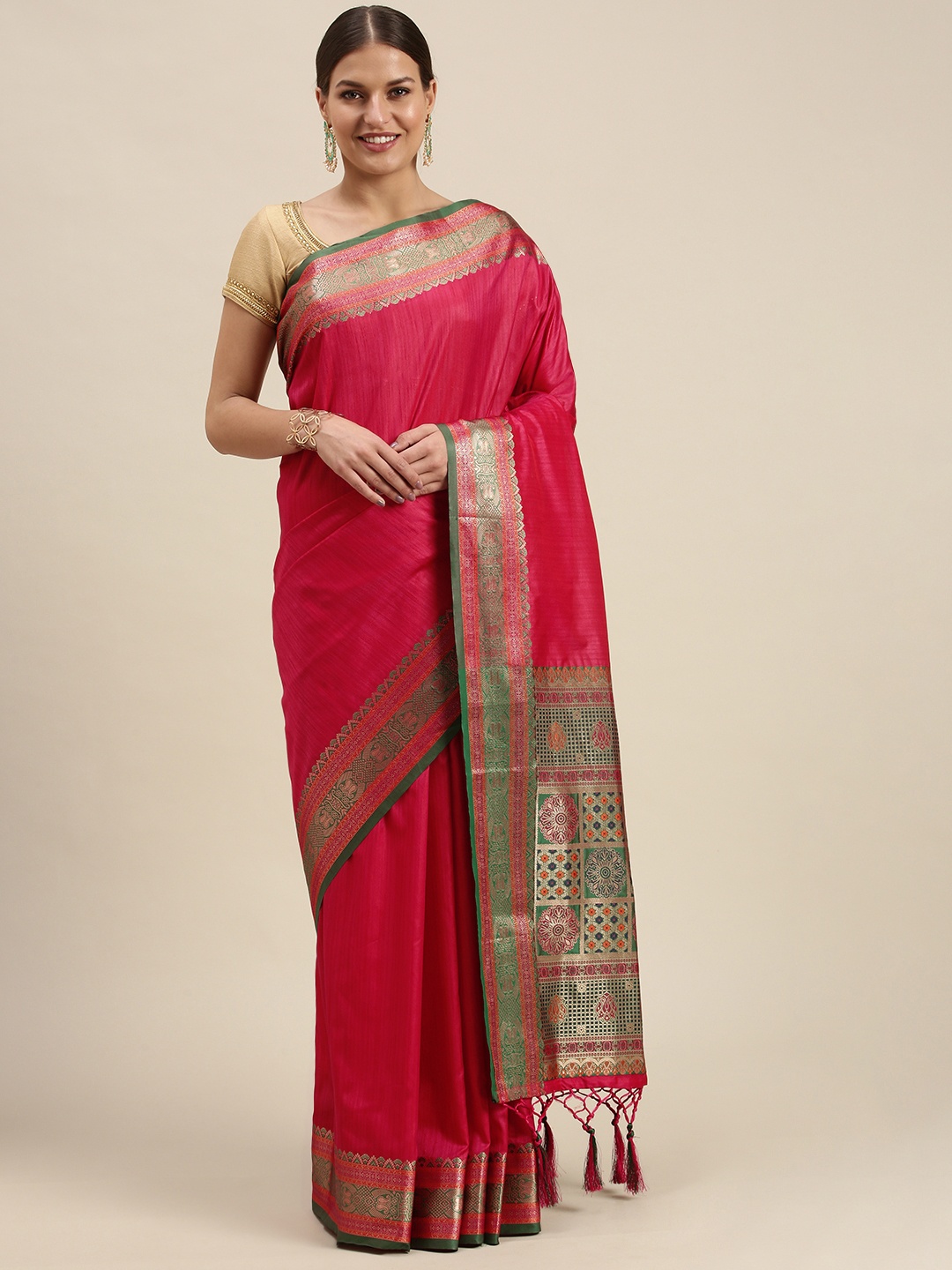 

SANGAM PRINTS Pink & Green Woven Design Silk Blend Saree