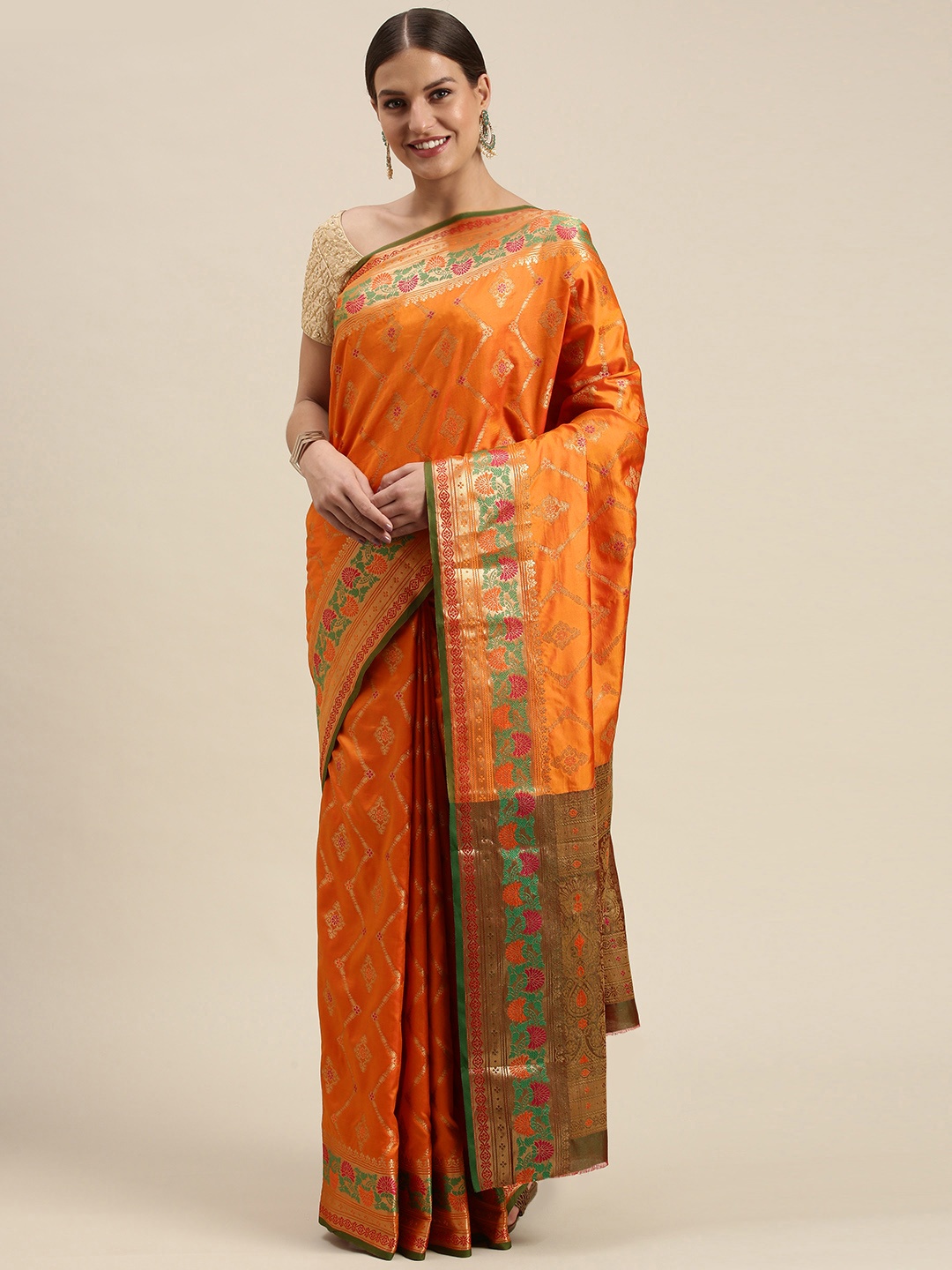 

SANGAM PRINTS Orange & Green Woven Design Silk Blend Saree