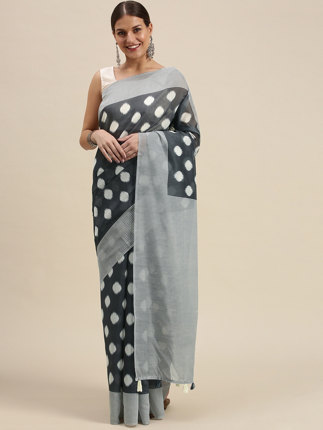 

SANGAM PRINTS Charcoal Grey & White Printed Saree
