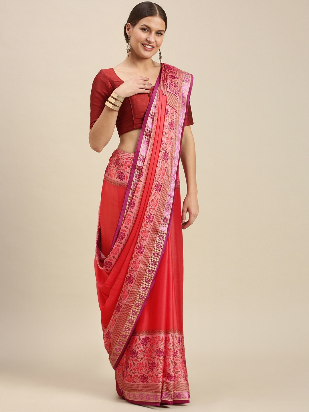 

SANGAM PRINTS Pink Ethnic Motifs Silk Blend Saree