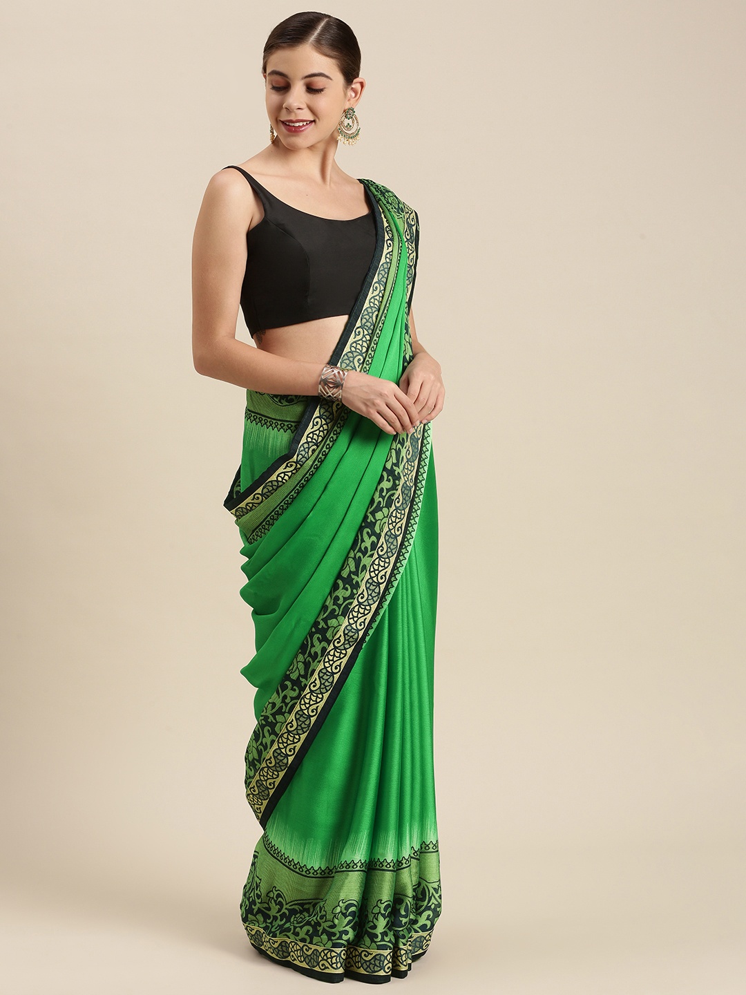 

SANGAM PRINTS Green & Navy Blue Ethnic Motifs Silk Blend Saree