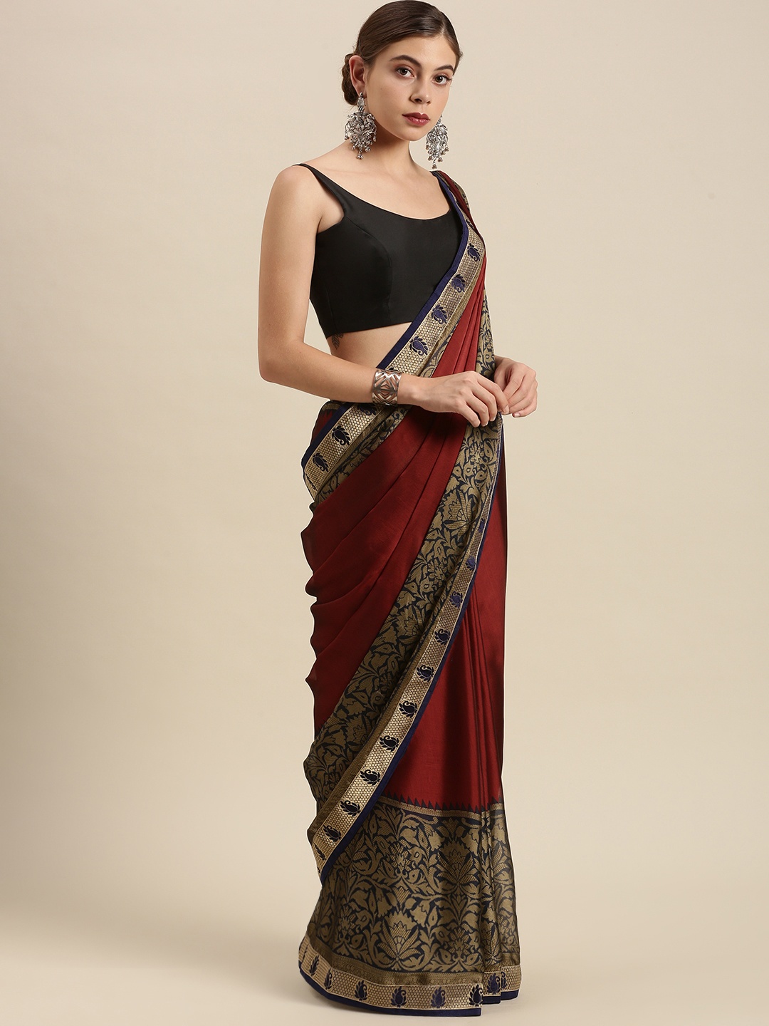 

SANGAM PRINTS Red & Navy Blue Ethnic Motifs Silk Blend Saree