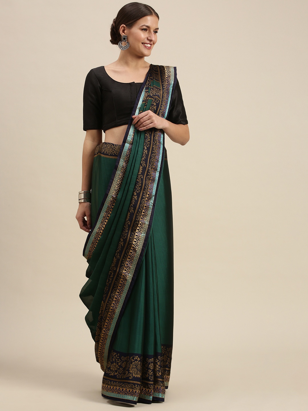 

SANGAM PRINTS Green & Black Ethnic Motifs Silk Blend Saree