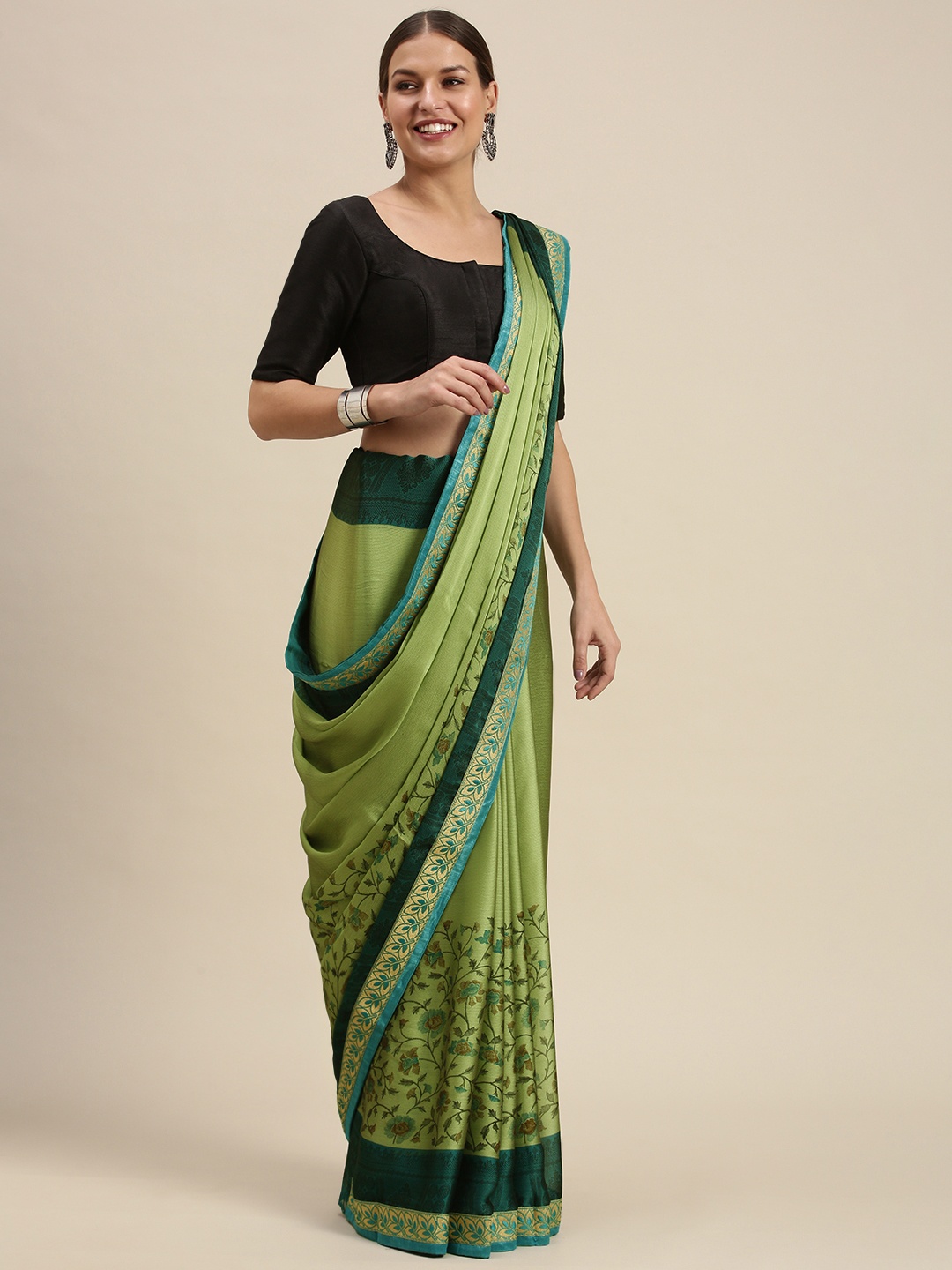 

SANGAM PRINTS Green Floral Silk Blend Saree