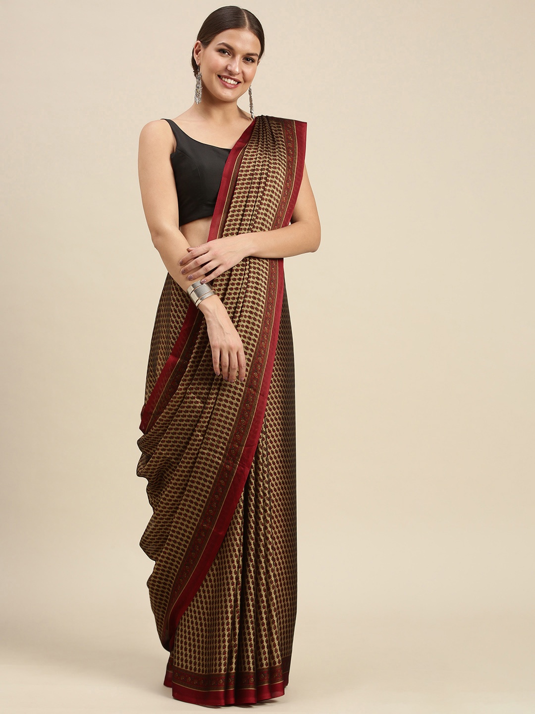 

SANGAM PRINTS Beige & Maroon Ethnic Motifs Crepe Saree