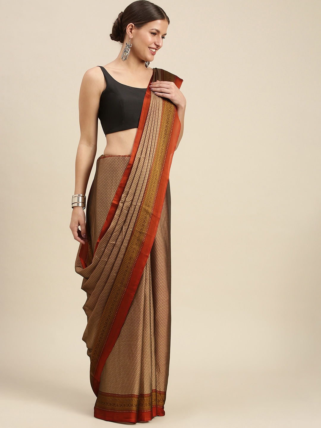 

SANGAM PRINTS Beige & Red Ethnic Motifs Crepe Saree