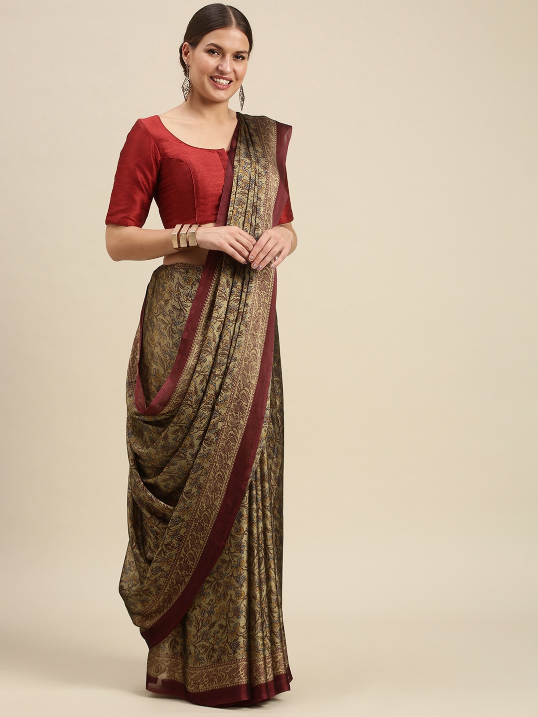 

SANGAM PRINTS Beige & Maroon Ethnic Motifs Crepe Saree