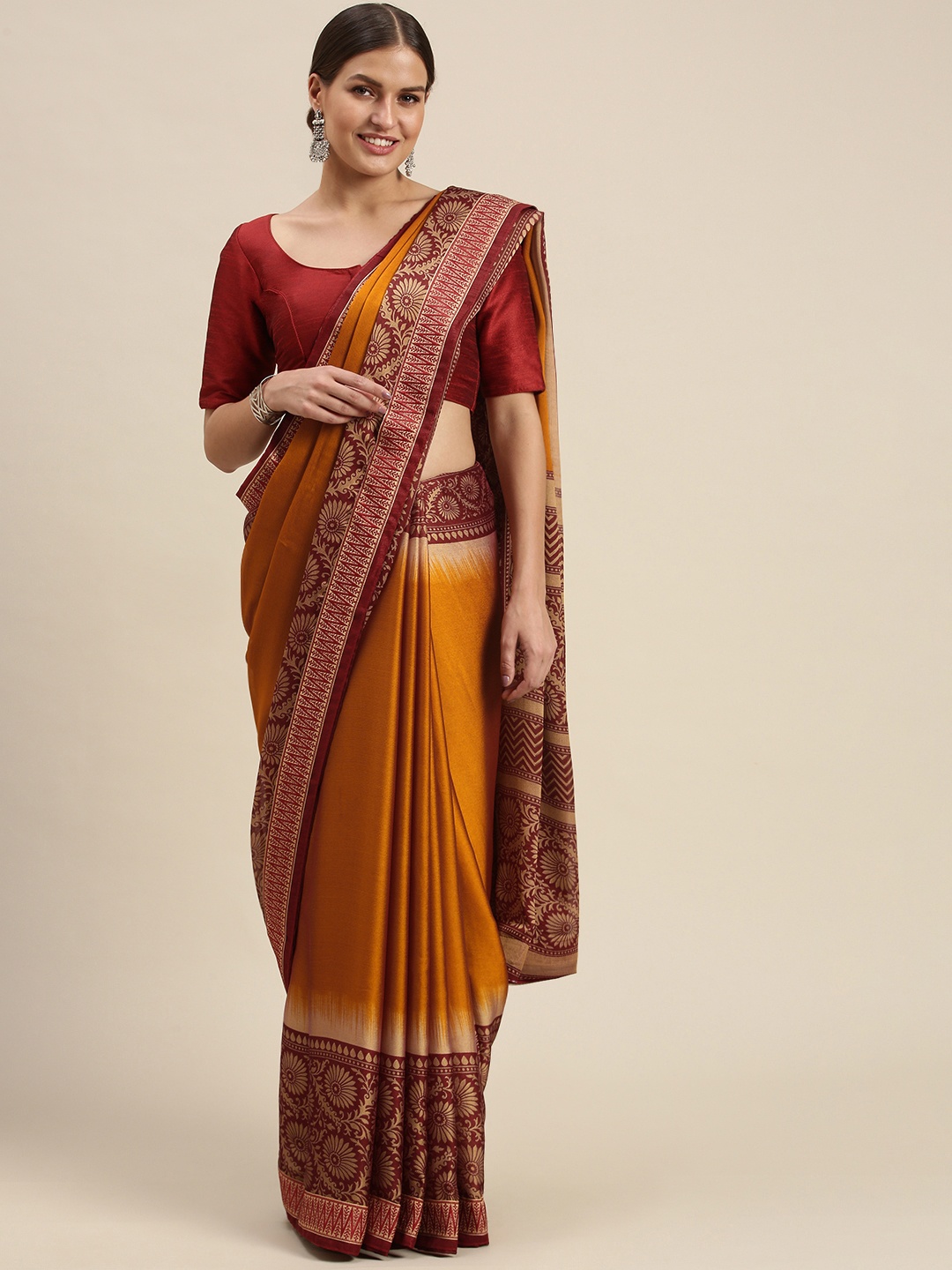 

SANGAM PRINTS Mustard Yellow & Maroon Ethnic Motifs Silk Blend Saree