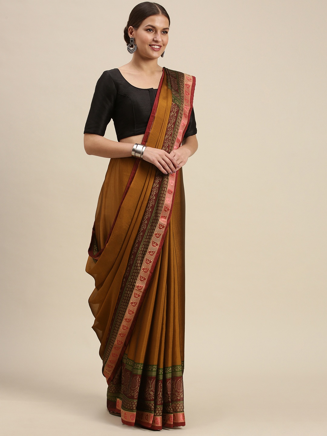 

SANGAM PRINTS Mustard Yellow & Maroon Ethnic Motifs Silk Blend Saree