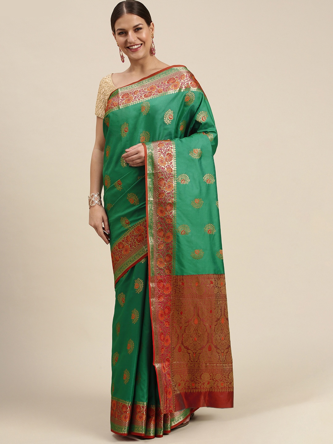 

SANGAM PRINTS Green & Red Woven Design Silk Blend Saree