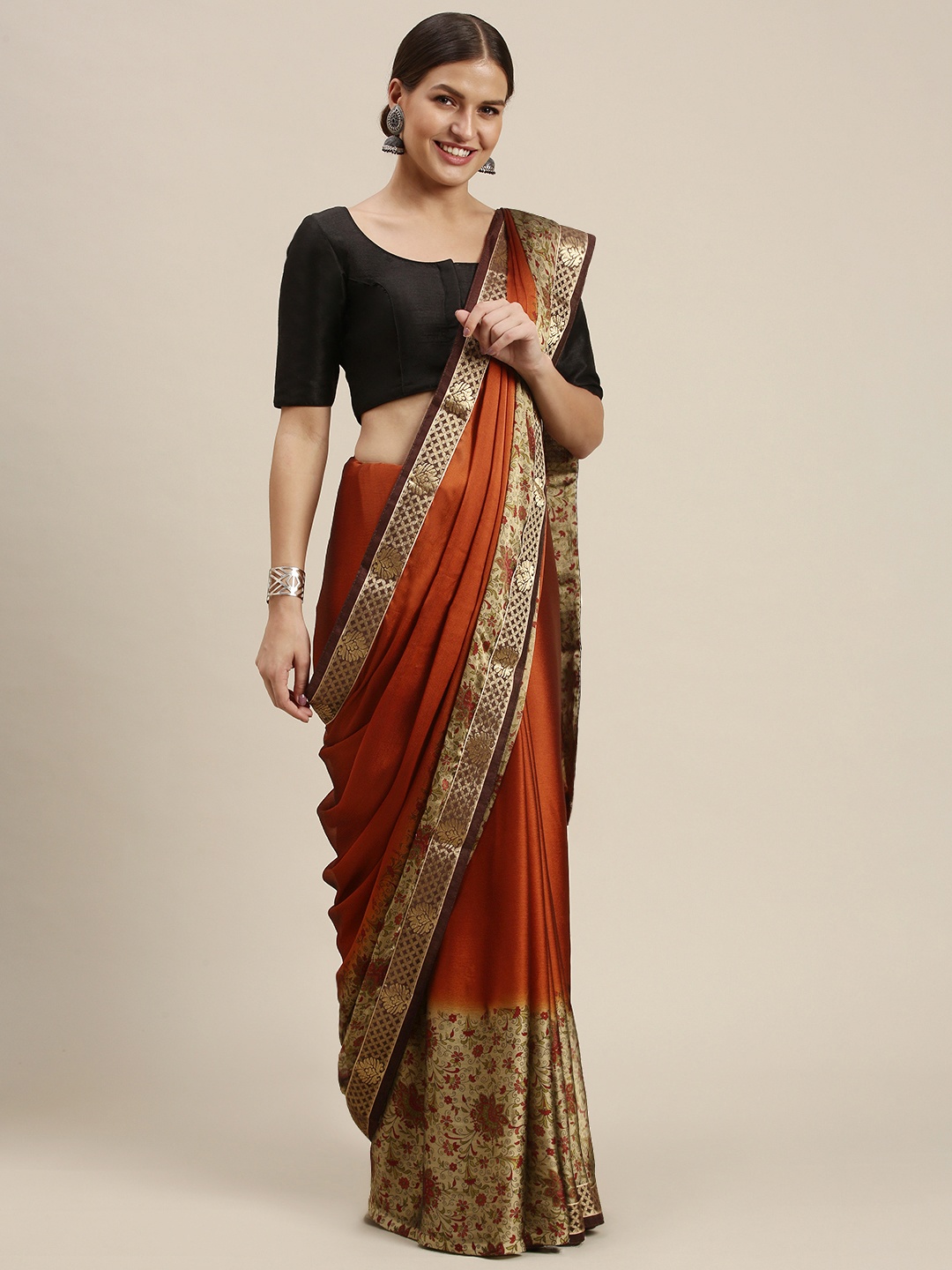 

SANGAM PRINTS Rust Orange & Maroon Ethnic Motifs Silk Blend Saree