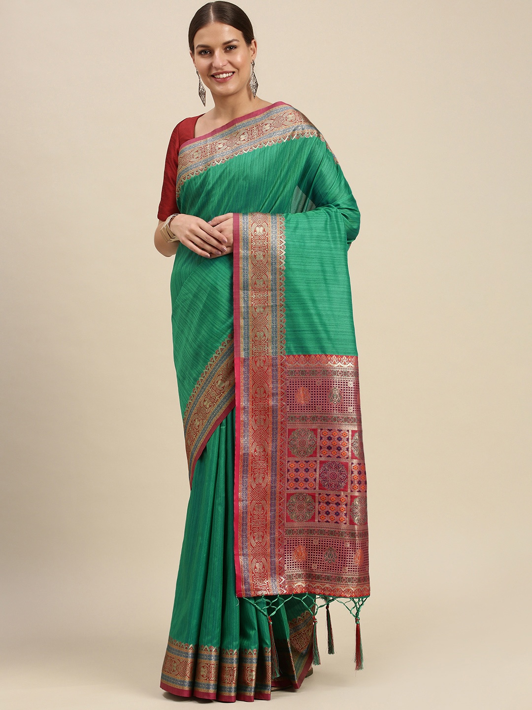 

SANGAM PRINTS Green & Pink Woven Design Silk Blend Saree
