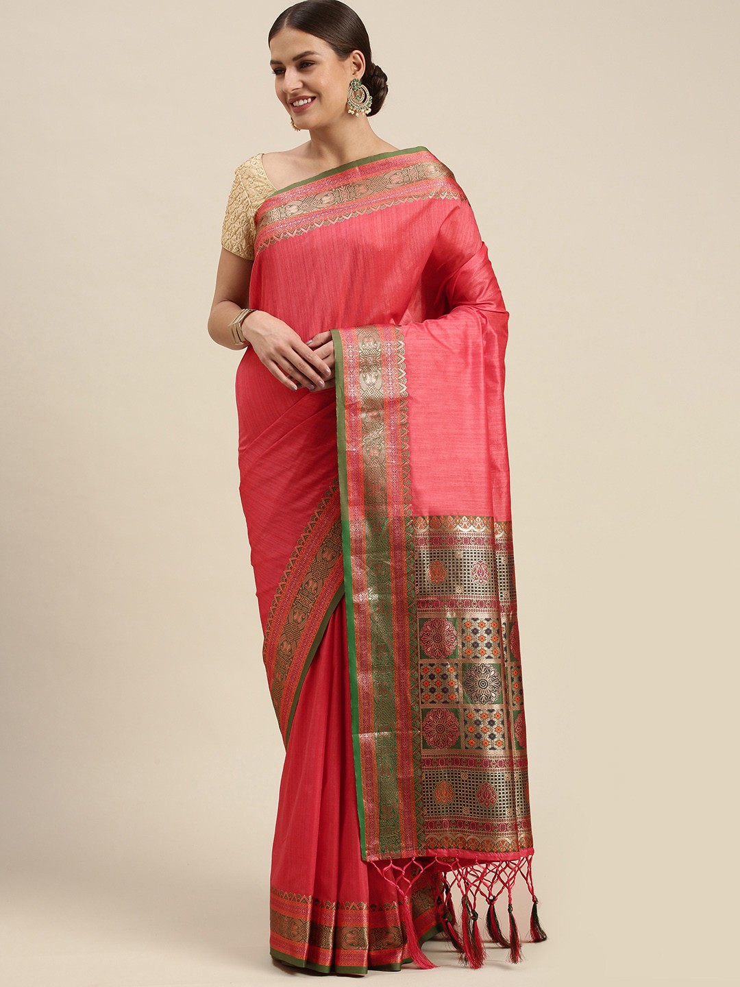 

SANGAM PRINTS Pink & Green Woven Design Silk Blend Saree
